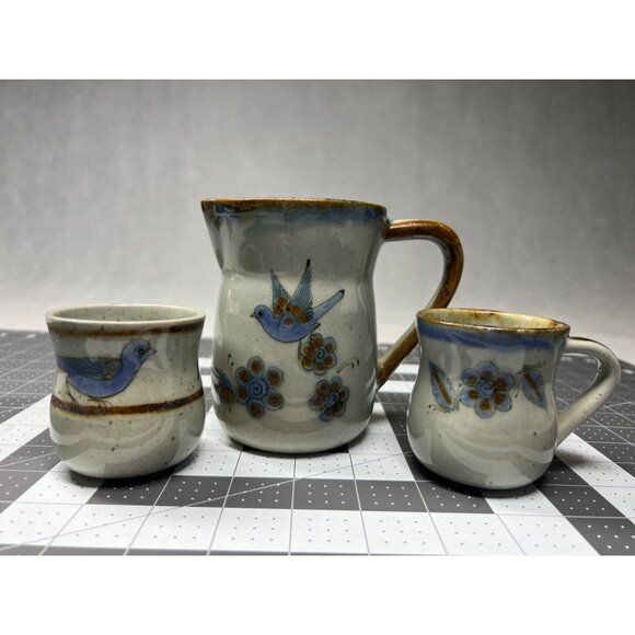 Vintage El Palomar Tonala Mexico Hand Painted Ceramic Pitcher & Cups Set - Picture 1 of 8